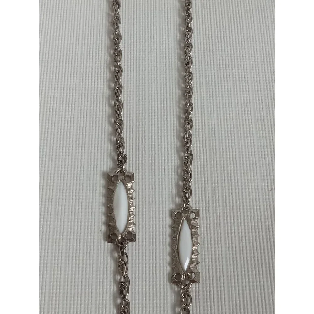 Solid White & Silver Toned Metal Rectangle Accents Long Length Layering Necklace